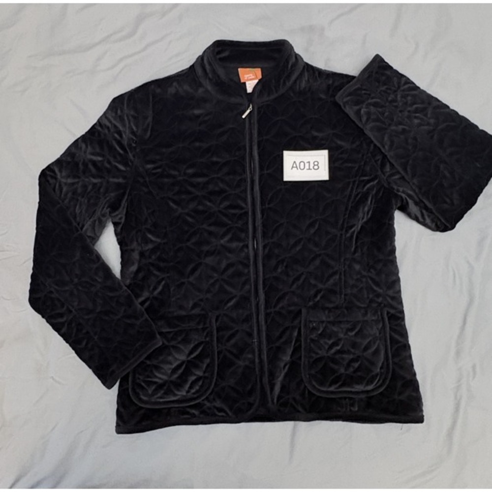 Hearts of Palm Black Quilted Velvet Jacket Full Zip Women Size L Pockets Cozy